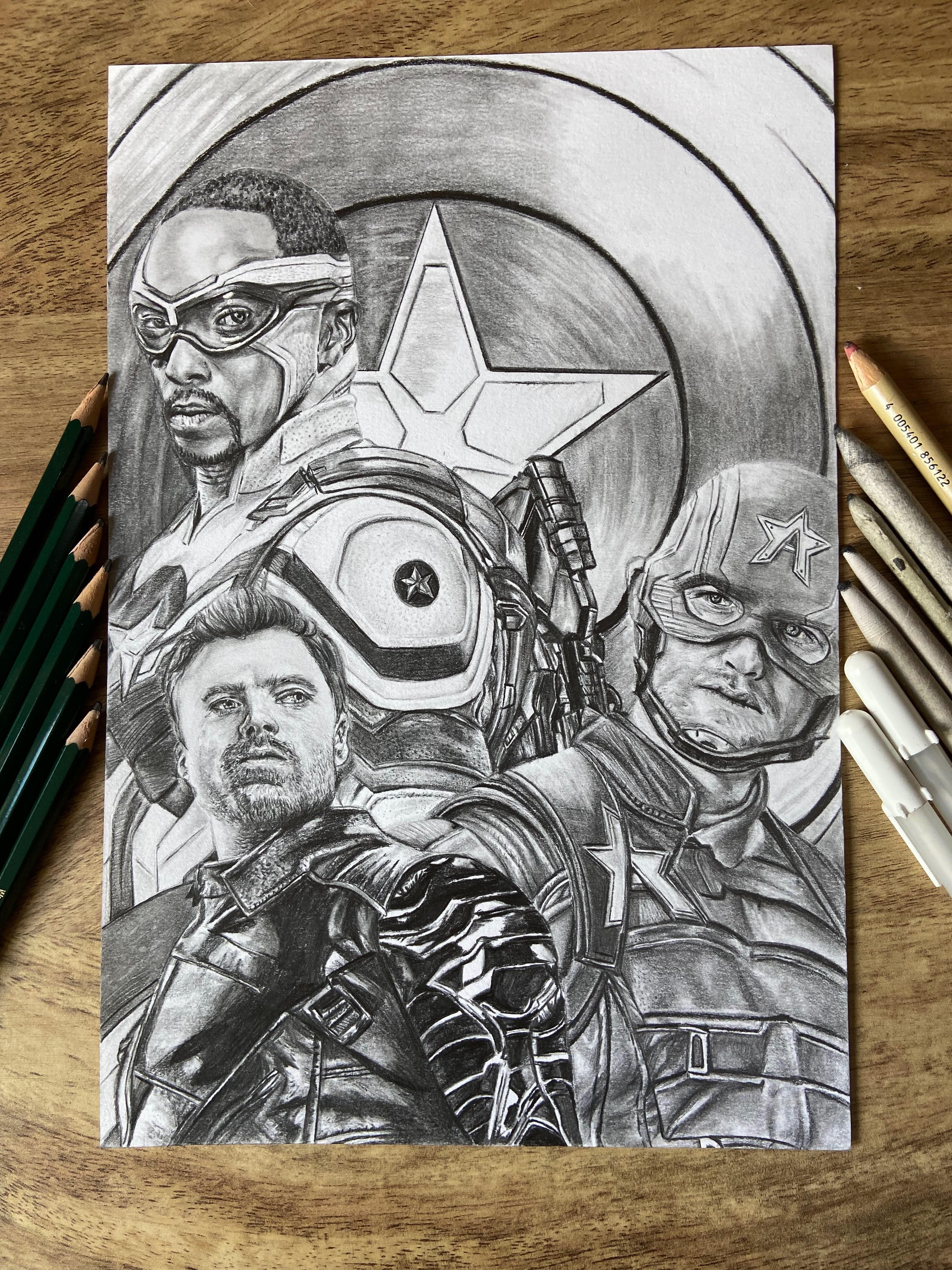 Pencil drawing of The Falcon, Bucky, and U.S agent from the Marvel TV show 'The Falcon and the Winter Soldier'