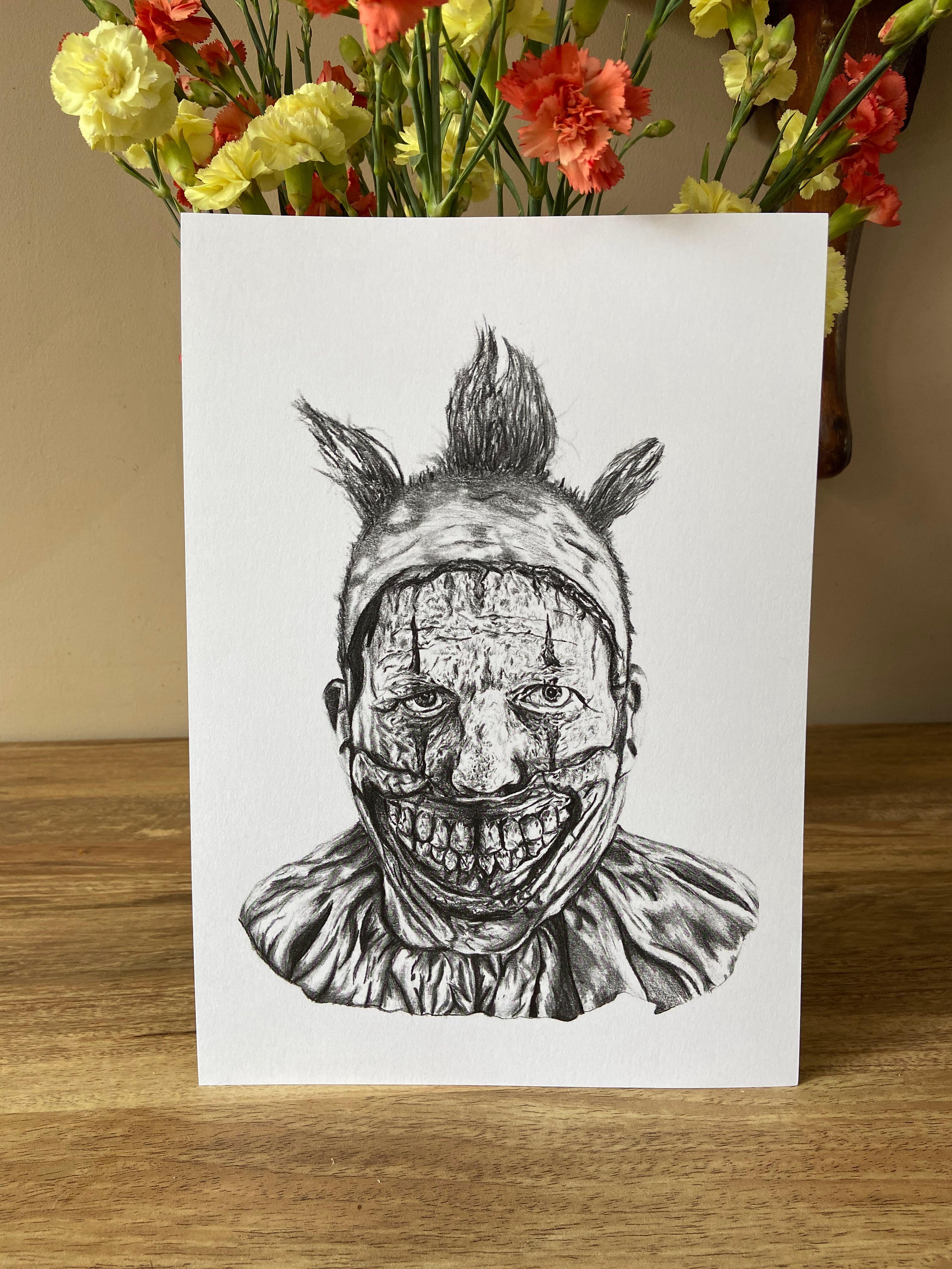 Pencil drawing of Twisty the clown from the TV show American Horror Story