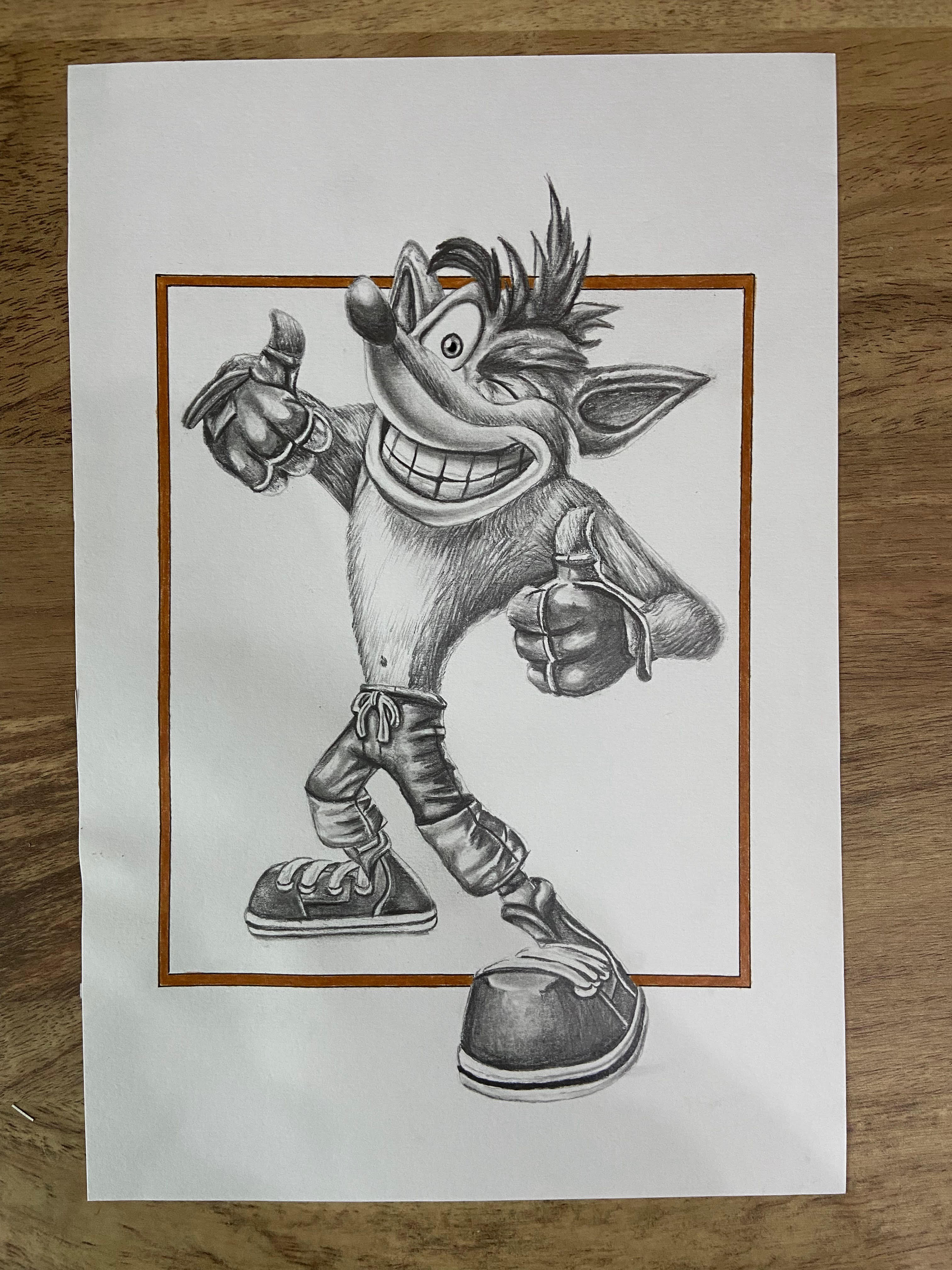 Pencil drawing of Crash Bandicoot from the videogame Crash Bandicoot