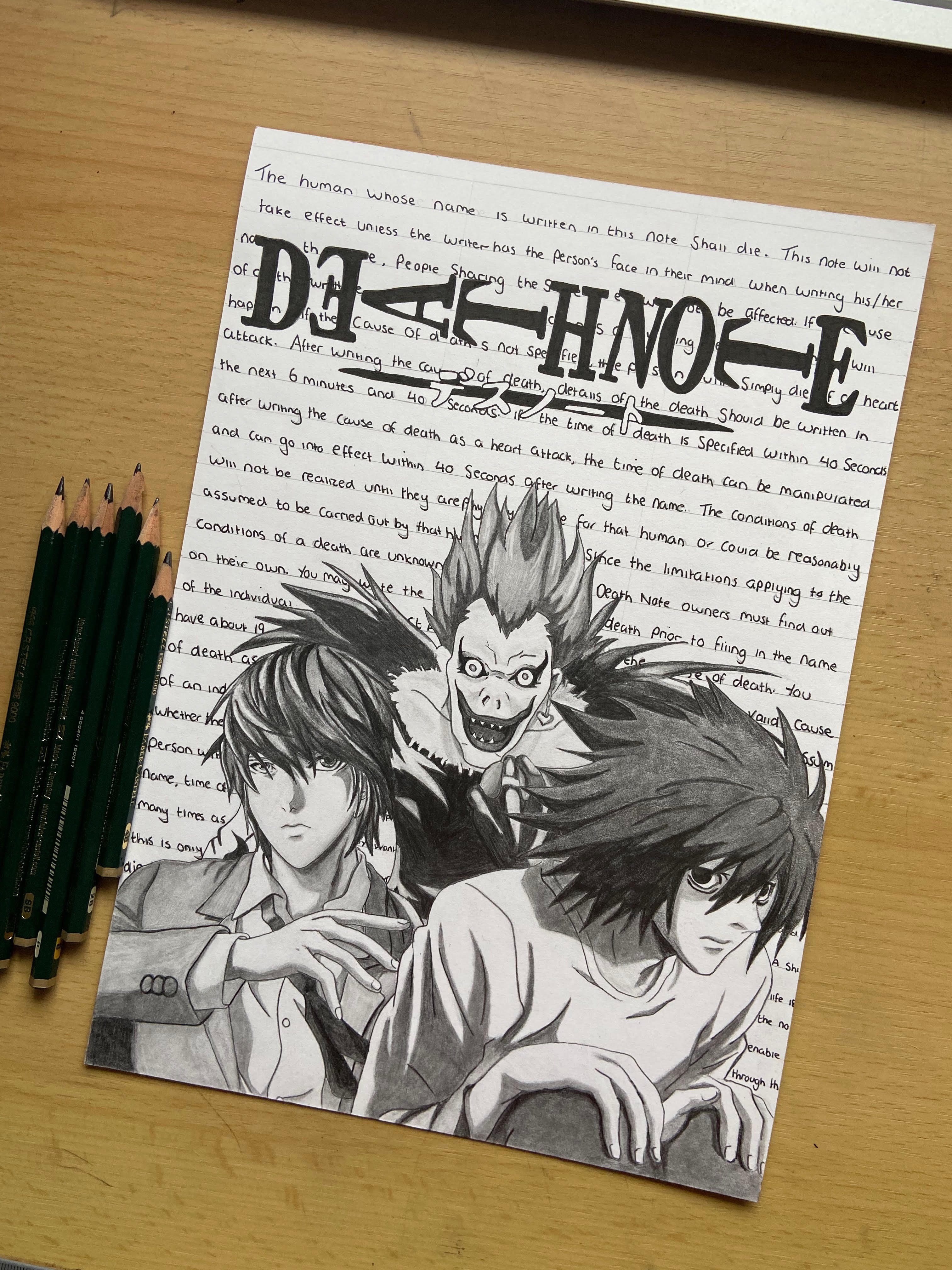 Pencil drawing of Light Yagami, L, and Ryuk from the anime series 'Death Note'