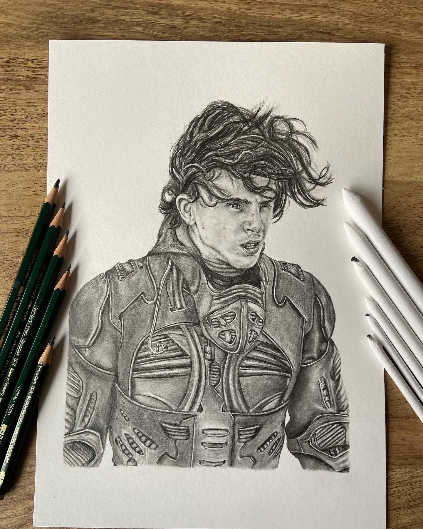 Pencil drawing of Timothee Chalemet depicting Paul Atreides in the 2021 version of 'Dune