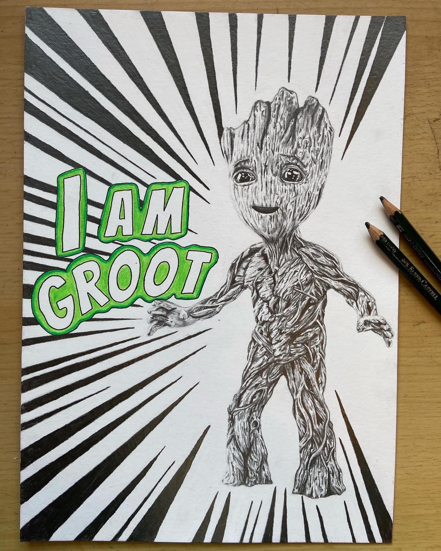 Pencil drawing of Groot from Guardians of the Galaxy