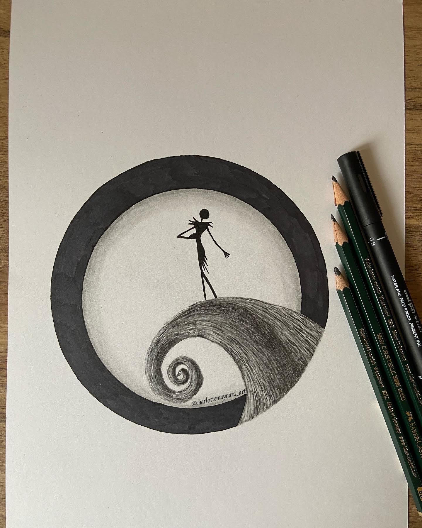 Pencil drawing of Jack Skellington from 'The Nightmare before Christmas'. Depicted as a silhouette
