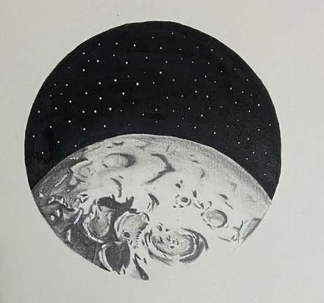 Pencil drawing of the moon surrounded by stars