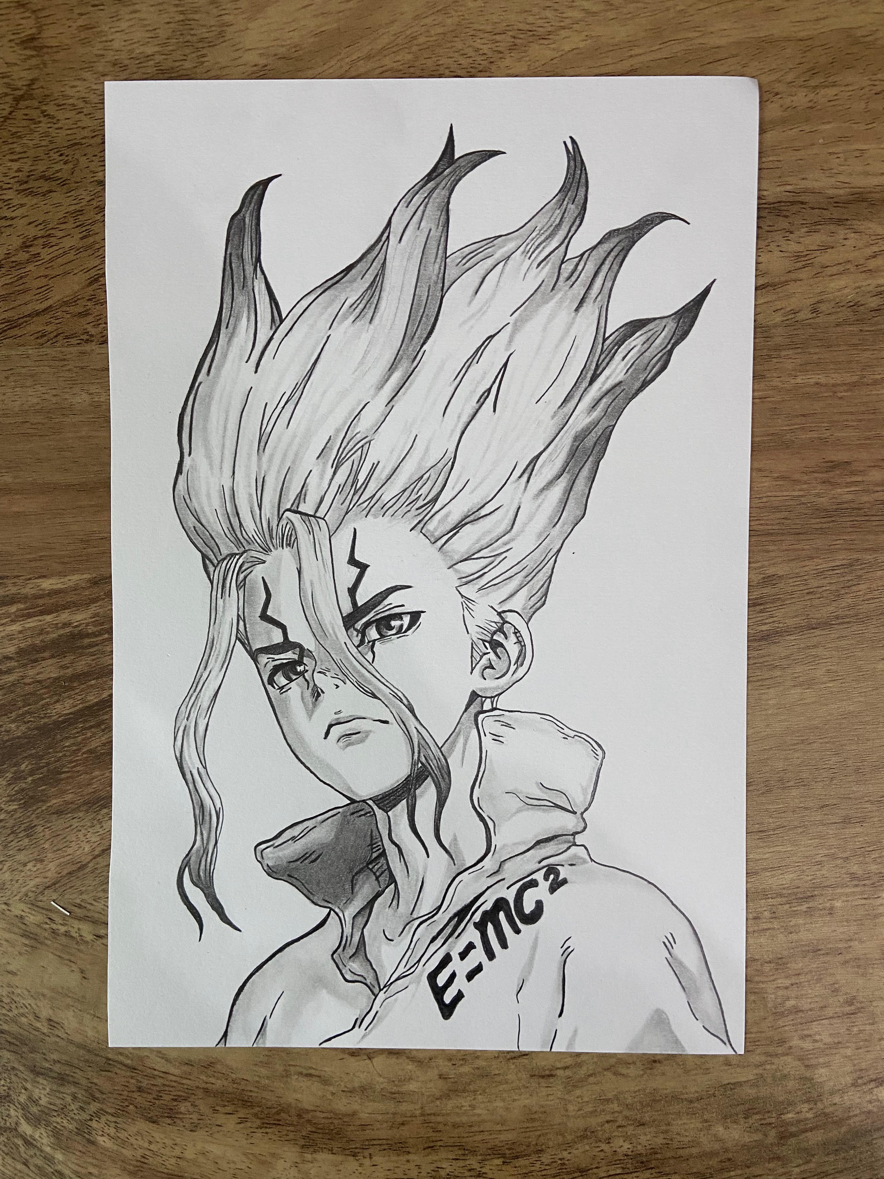 Pencil drawing of Senku from the anime 'Dr. Stone'
