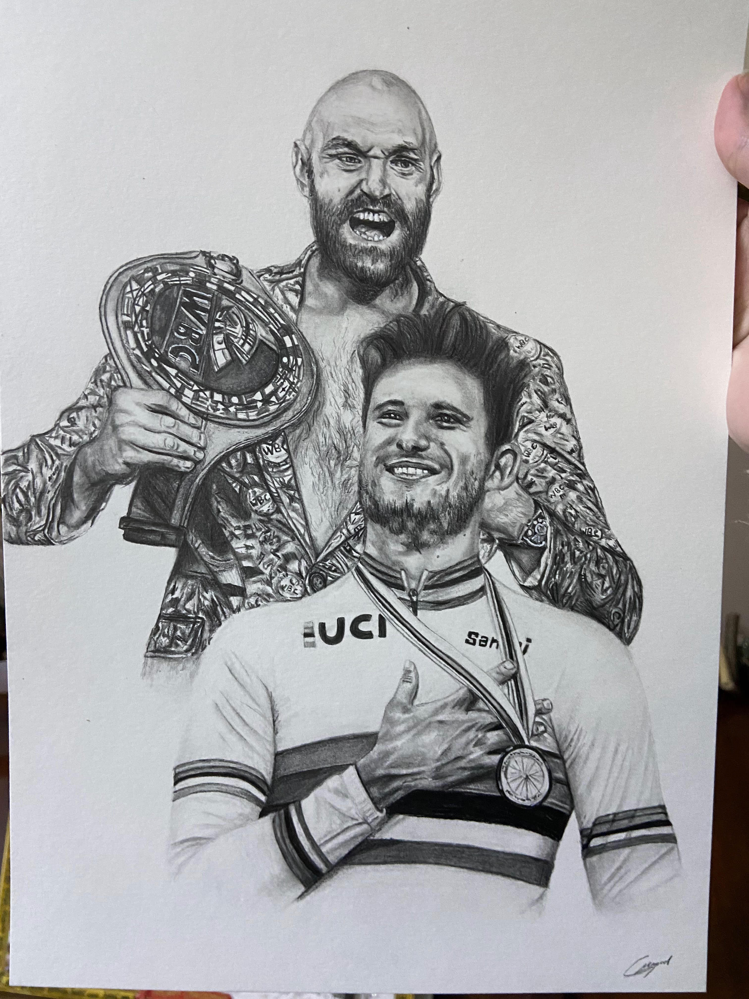 Pencil drawing of boxer Tyson Fury, and Cyclist Fillipo Ganna
